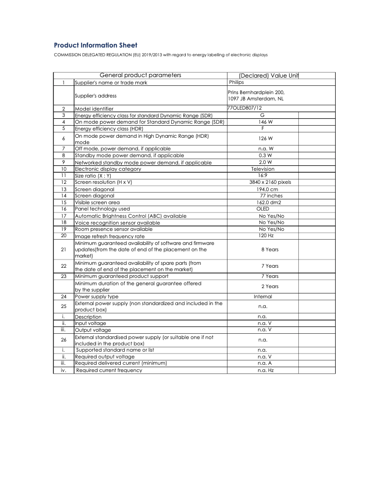 Page n°1 - Fiche technique Philips 77OLED807