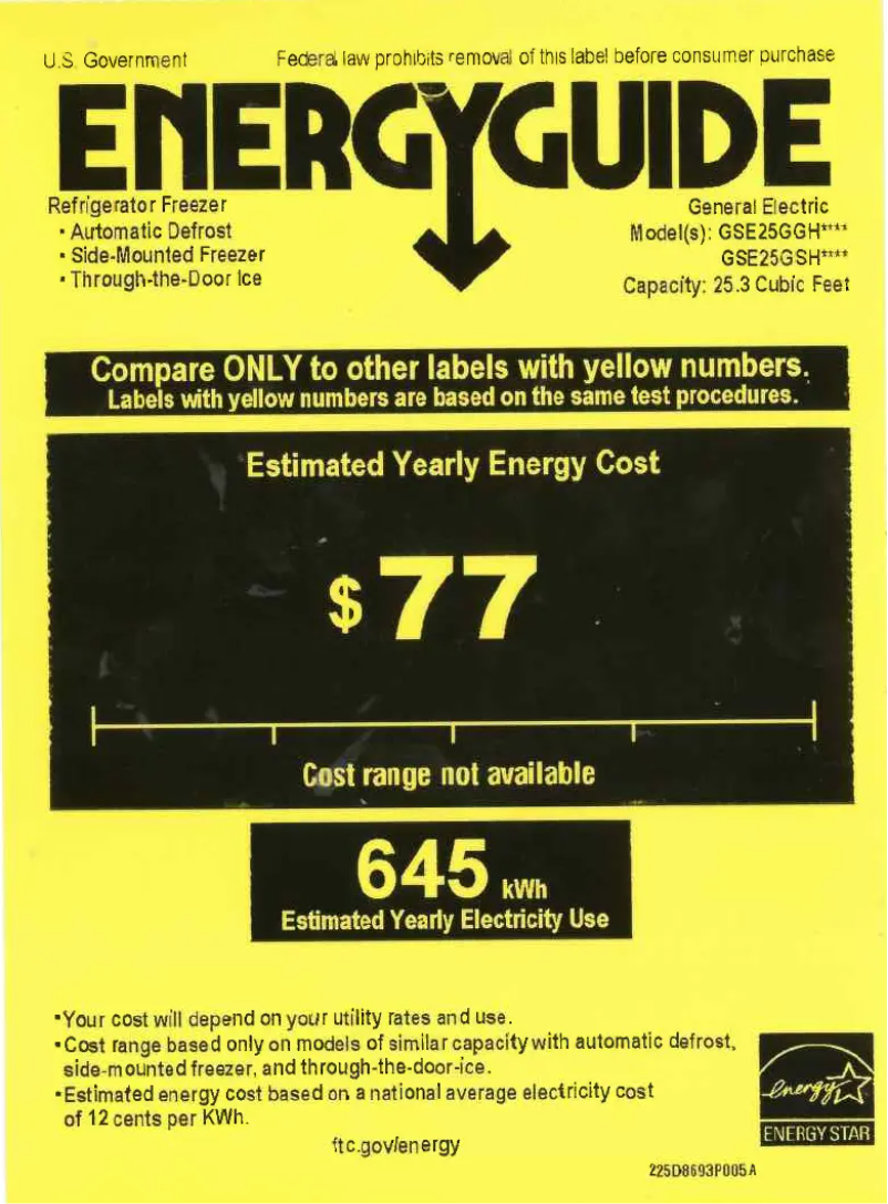 Page 1 de la notice Label énergétique GE GSE25GSHSS