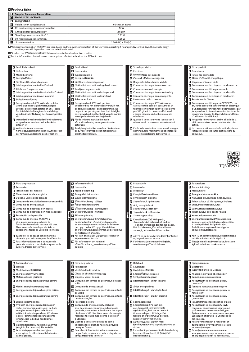 Page 1 de la notice Fiche technique Panasonic Viera TX-24CS500B