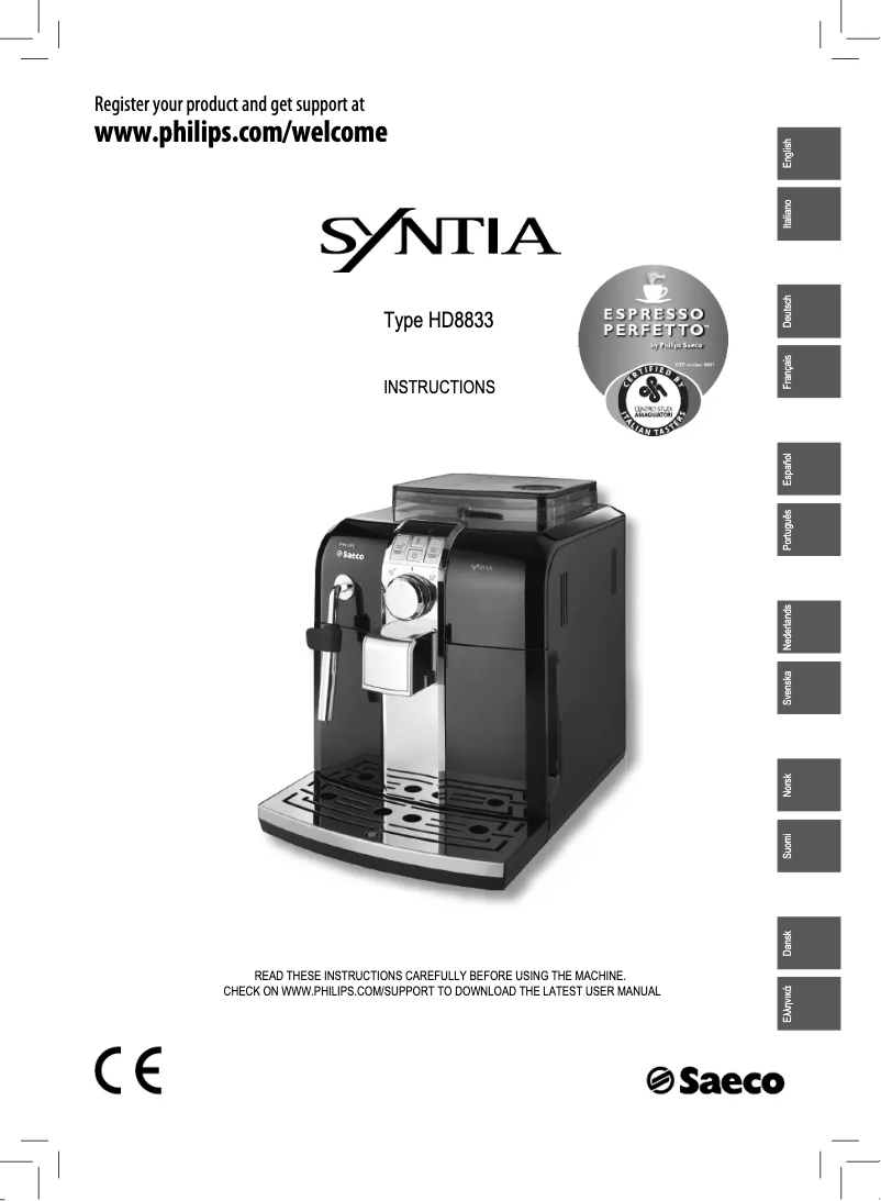 Page 1 of the manual Quick Start Guide Philips Saeco Syntia HD8833