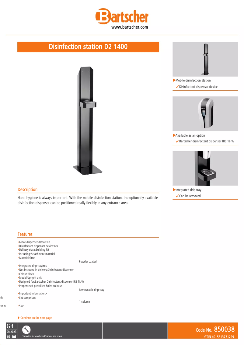 Page 1 de la notice Manuel utilisateur Bartscher D2 1400