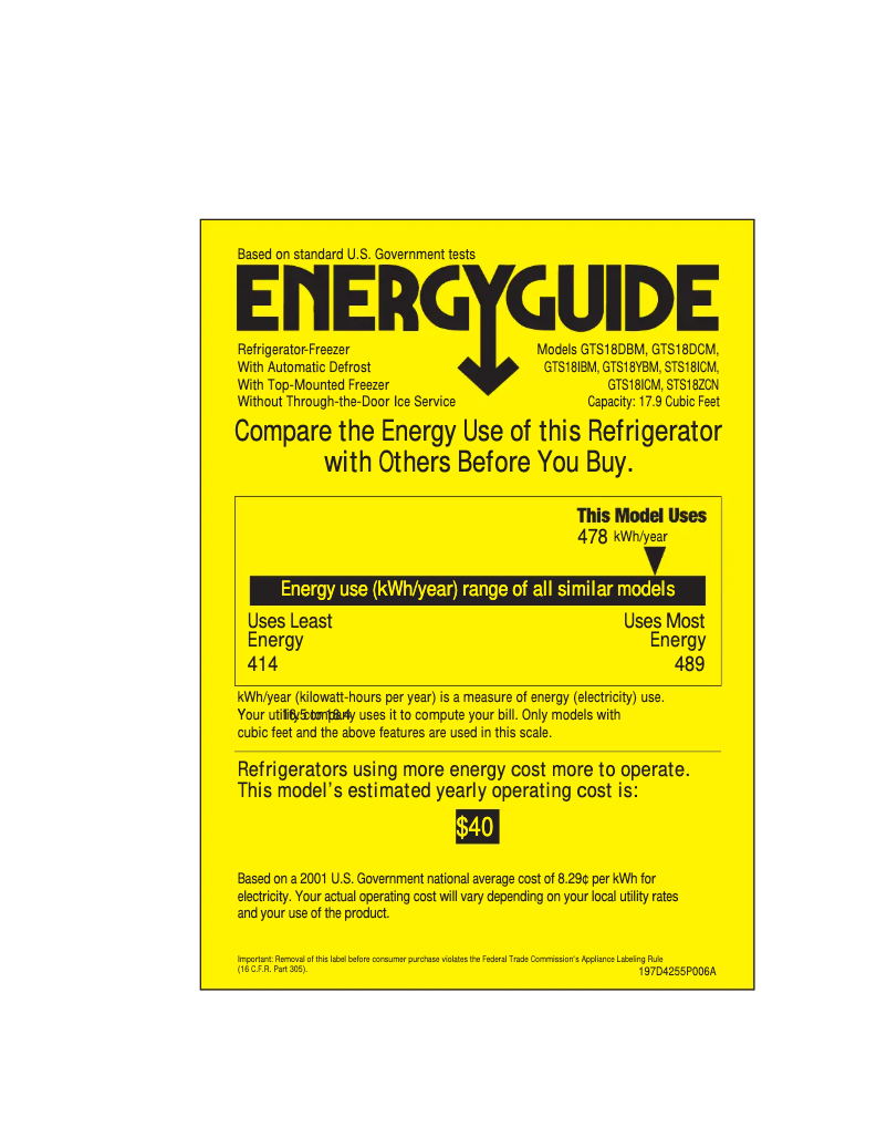 Page n°1 - Label énergétique GE GTS18ICMWW