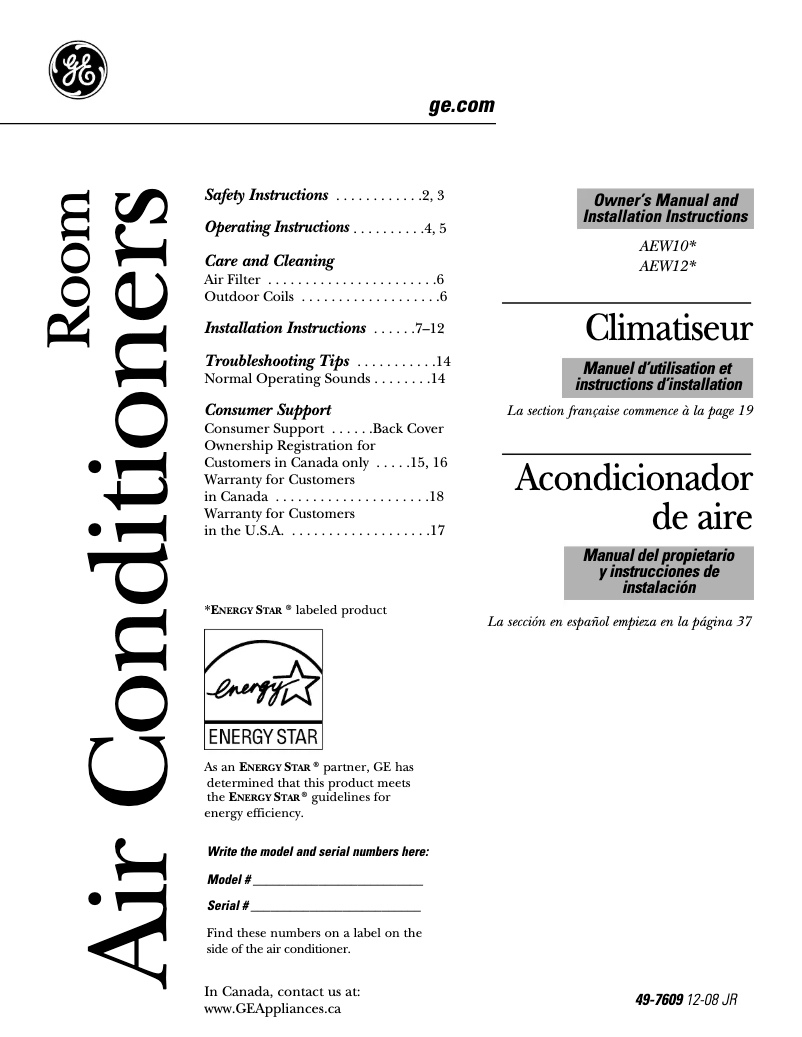 Page 1 of the manual Use and Maintenance Manual GE AEW10AM