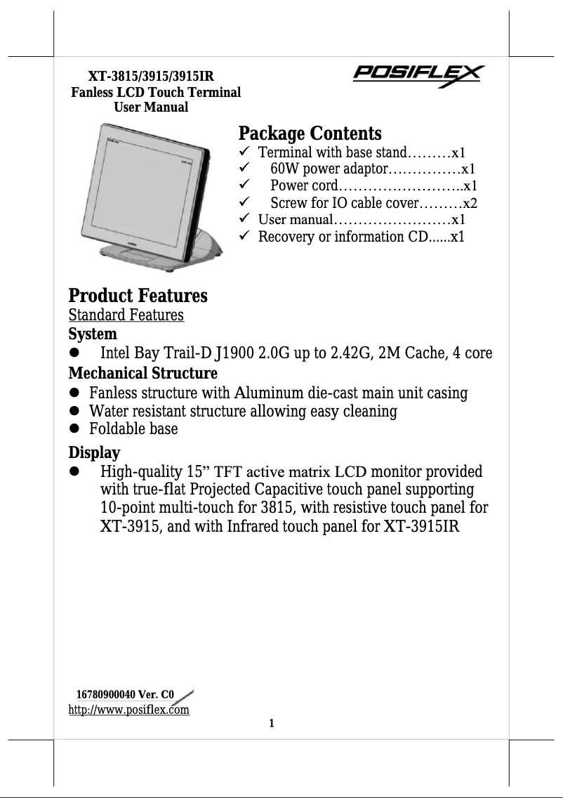 Page 1 of the manual User Manual Posiflex XT-3815