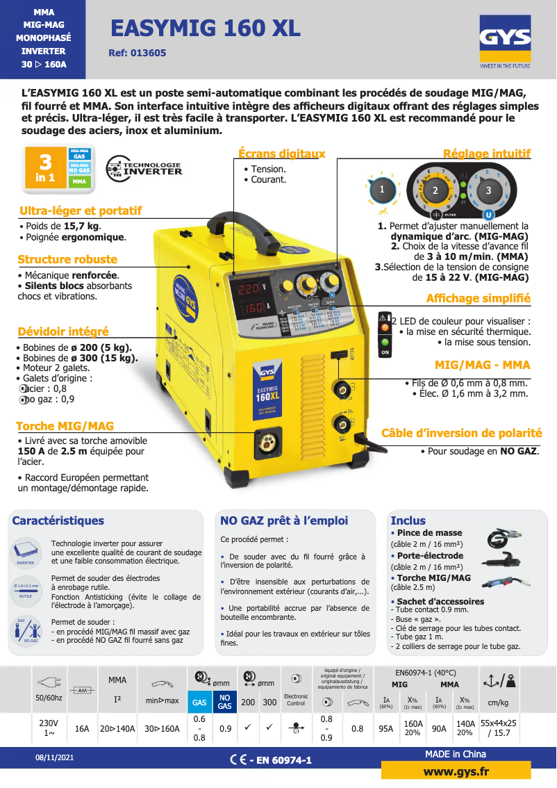 Page 1 de la notice Fiche technique GYS Easymig 160 XL