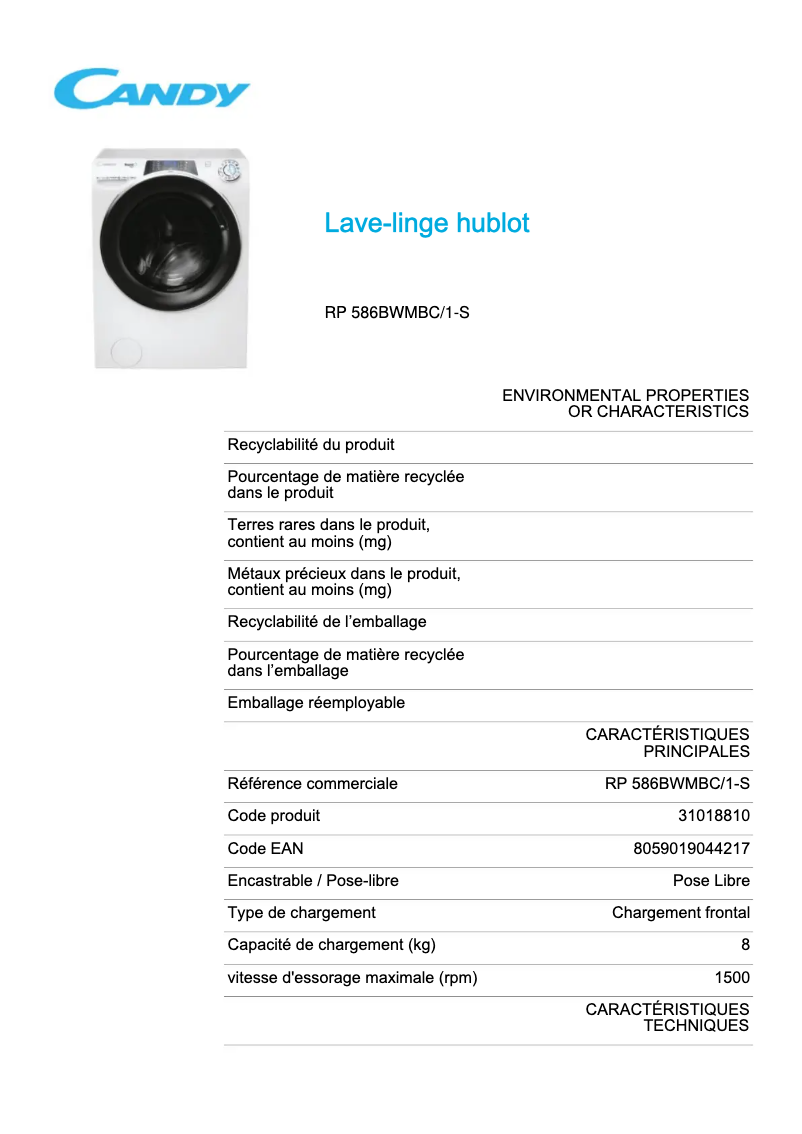 Page 1 of the manual Technical Sheet Candy RP 586BWMBC/1-S