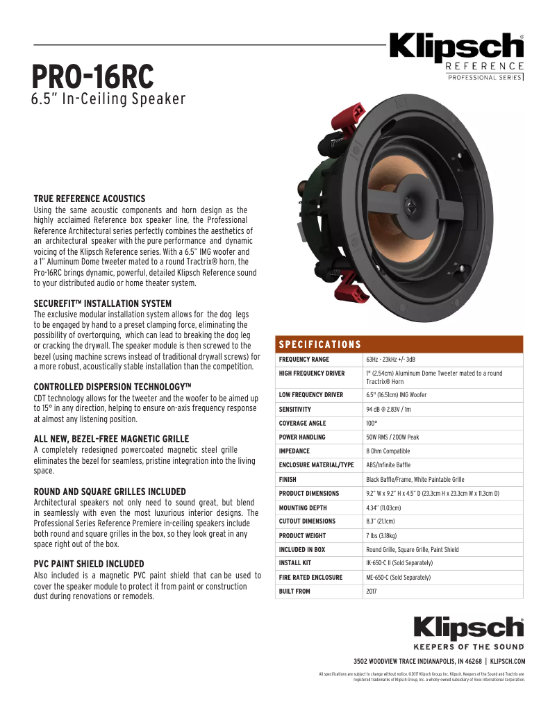 Page 1 de la notice Manuel utilisateur Klipsch PRO-16RC
