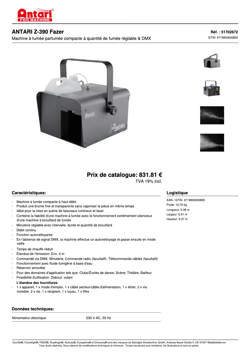 Page 1 de la notice Fiche technique Antari Z-390