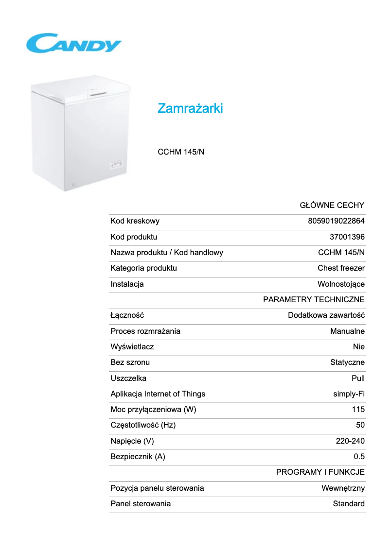 Page 1 of the manual Technical Sheet Candy CCHM 145/N
