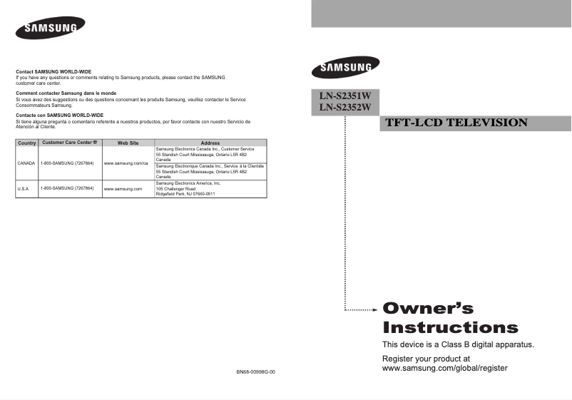 Page 1 de la notice Manuel utilisateur Samsung LN-S2351W