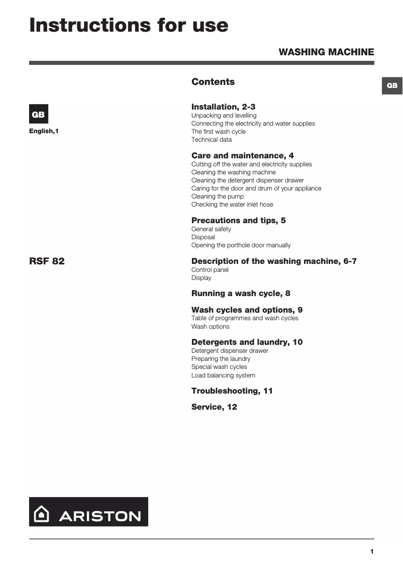 Página 1 del manual Manual de usuario Ariston Thermo RSF 82 B AUS