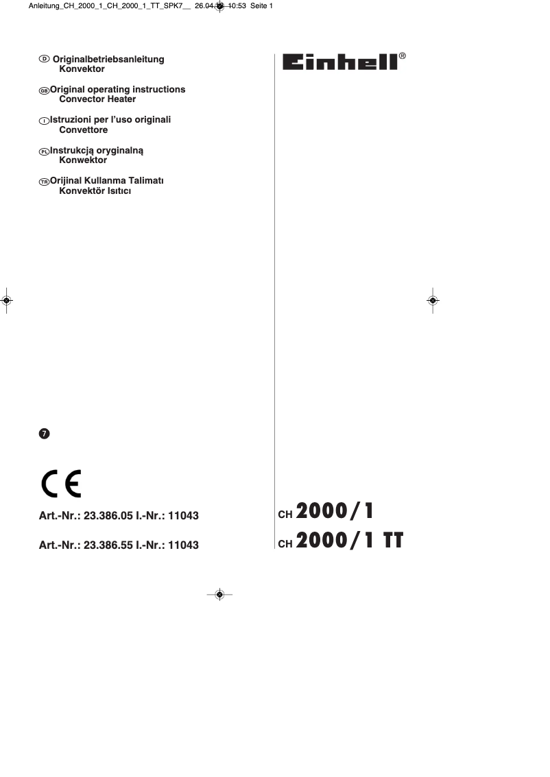 Page 1 de la notice Mode d'emploi Einhell CH 2000/1 TT