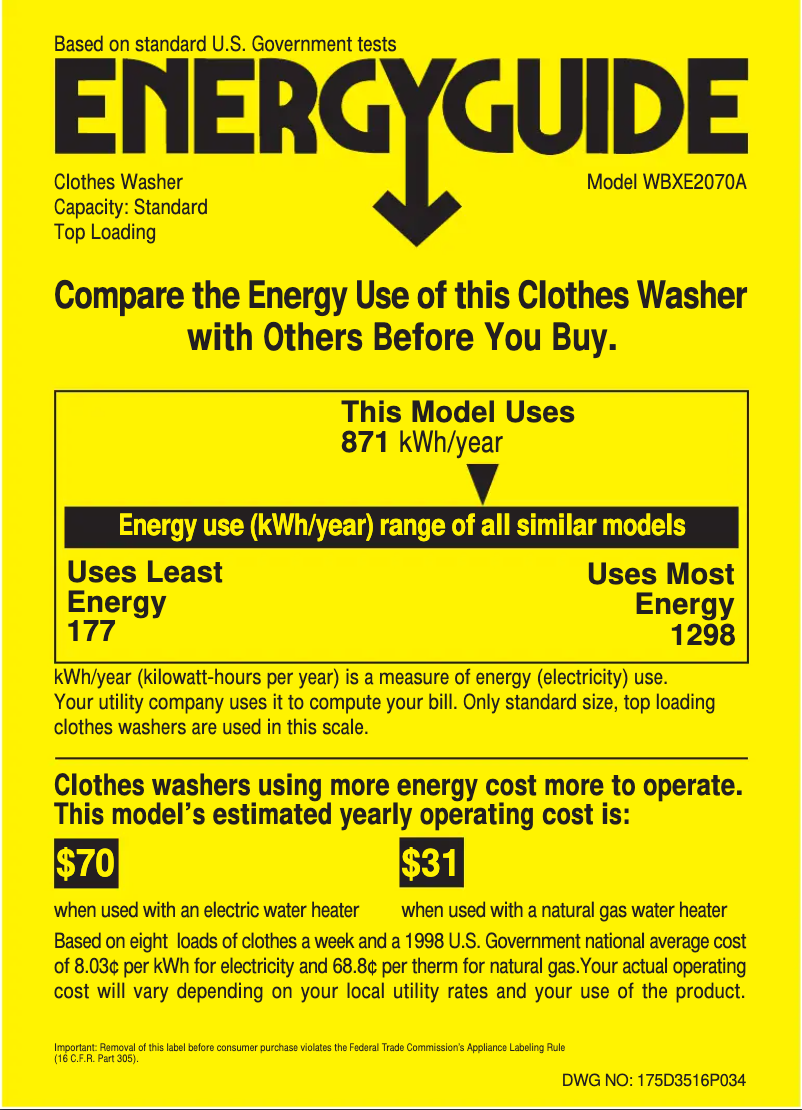 Page 1 de la notice Label énergétique GE WBXE2070AAA