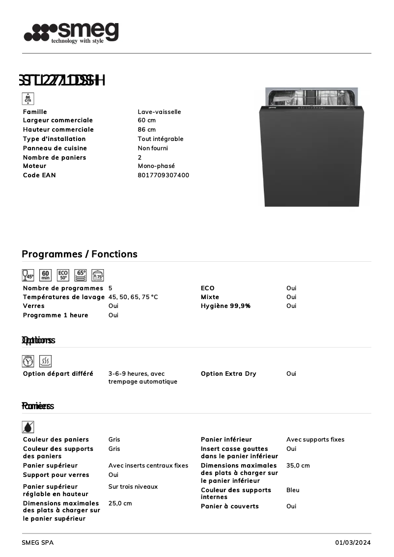 Page 1 de la notice Fiche technique Smeg STL271DSH