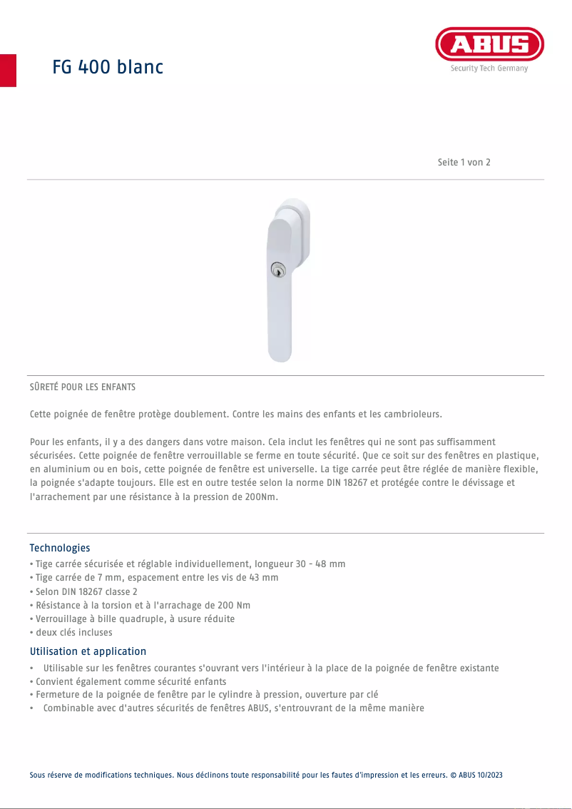 Page 1 de la notice Fiche technique Abus FG400
