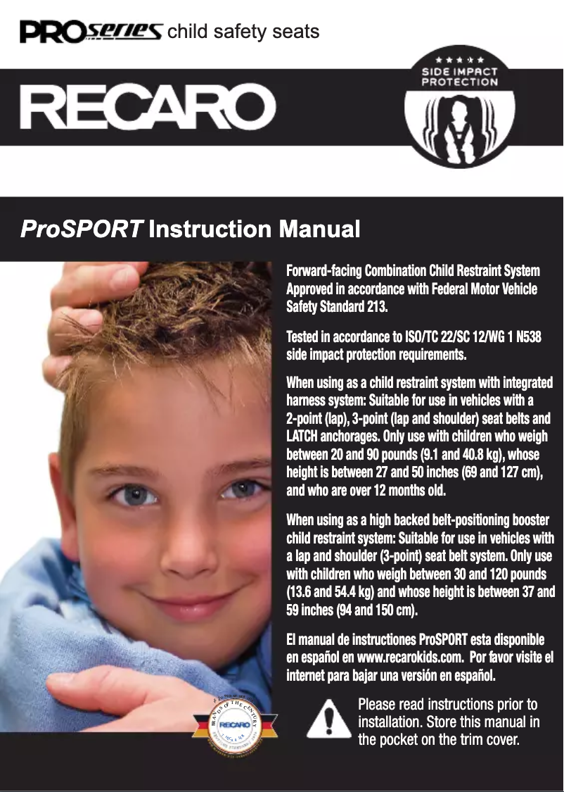 Page 1 de la notice Manuel utilisateur Recaro ProSPORT