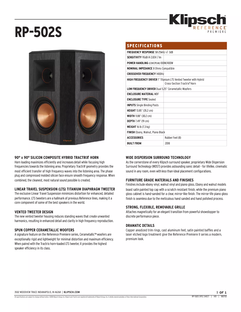 Page 1 de la notice Fiche technique Klipsch Reference Premiere RP-502S