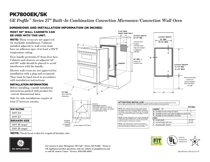 Página 1 del manual Ficha técnica GE Profile PK7800SKSS