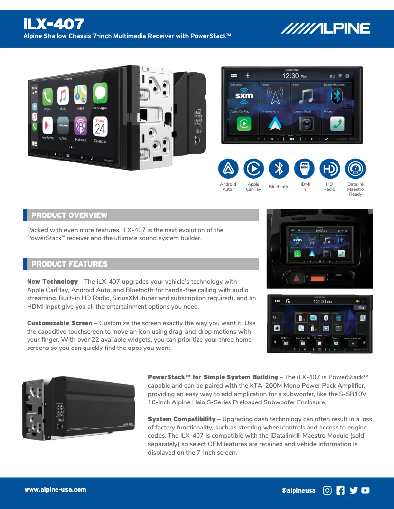 Page 1 de la notice Fiche technique Alpine iLX-407