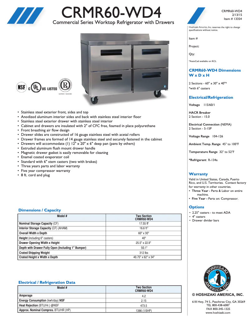 Page 1 de la notice Fiche technique Hoshizaki CRMR60-WD4