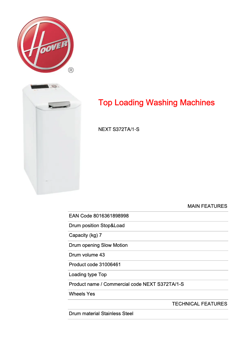 Página 1 del manual Ficha técnica Hoover NEXT S372TA/1-S