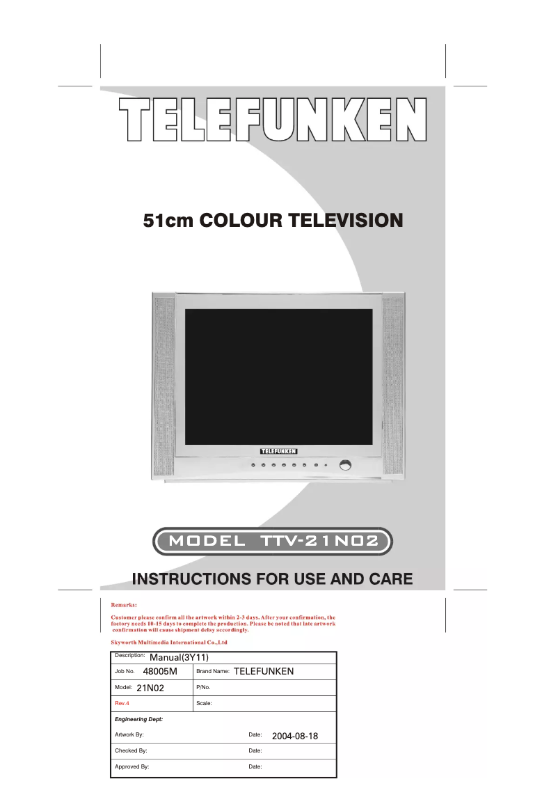 Page 1 de la notice Manuel utilisateur Telefunken TTV-21N02