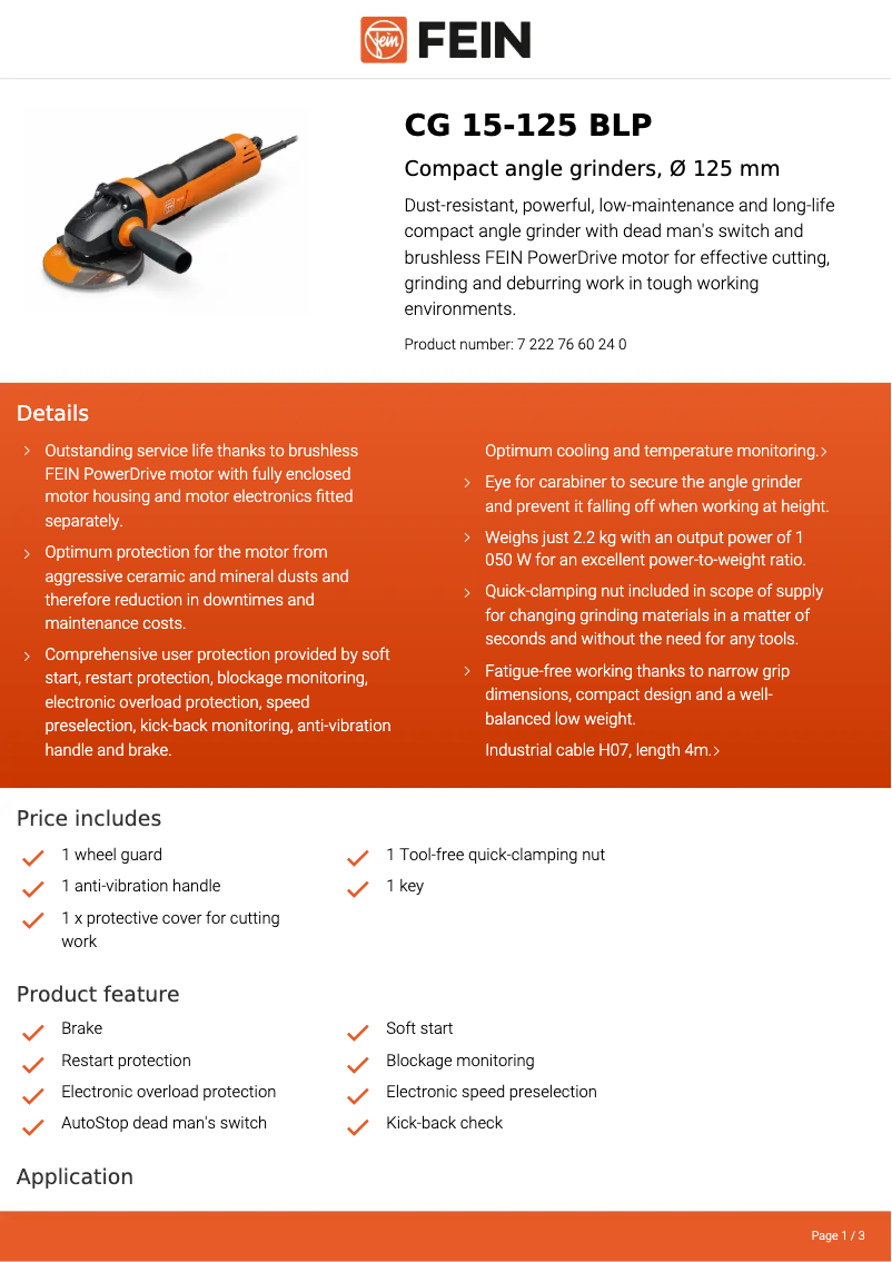 Page 1 de la notice Fiche technique Fein CG 15-125 BLP