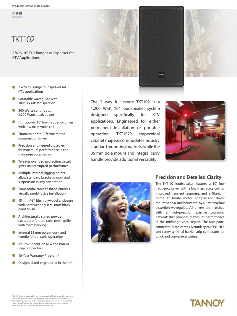 Page 1 de la notice Fiche technique Tannoy TKT102