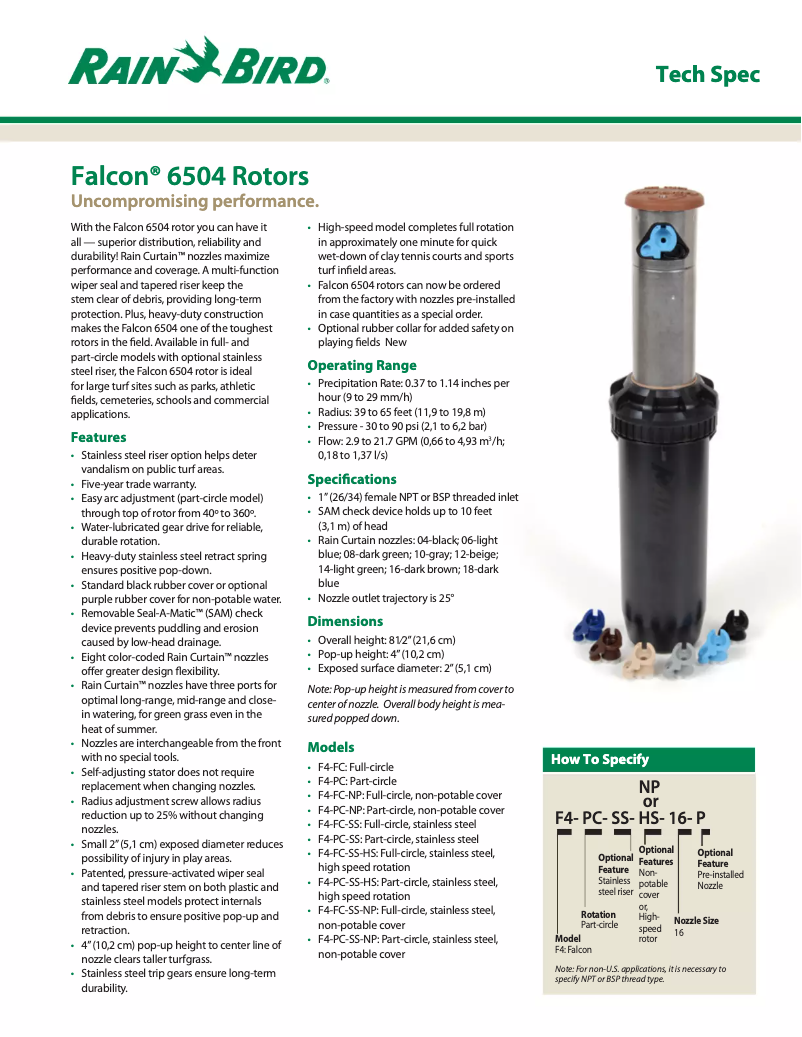 Page 1 of the manual Technical Sheet Rain Bird Falcon 6504