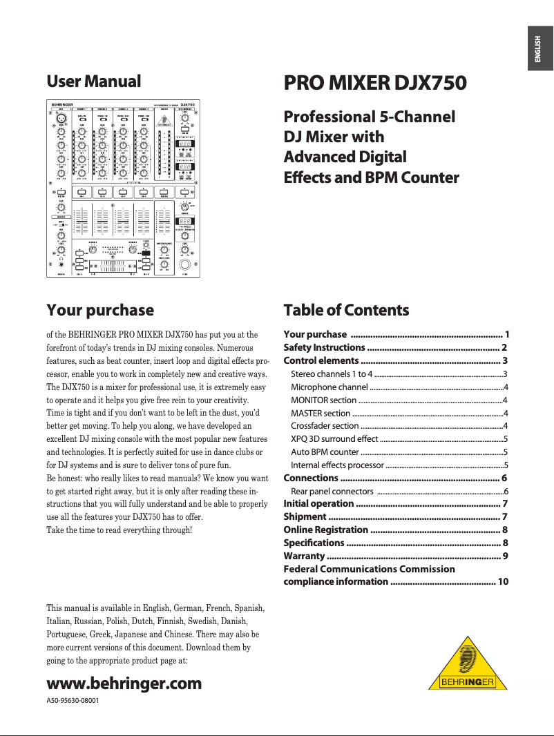 Page 1 de la notice Manuel utilisateur Behringer Pro Mixer DJX750