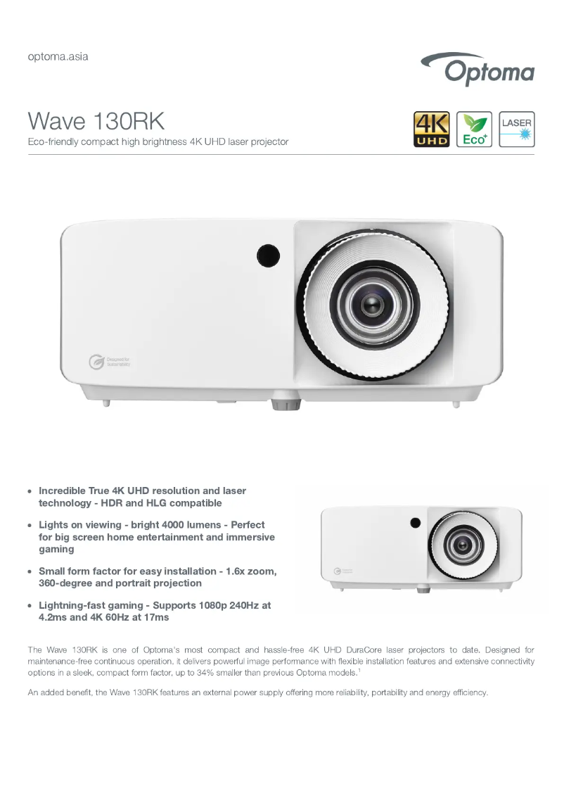 Page 1 de la notice Fiche technique Optoma Wave 130RK
