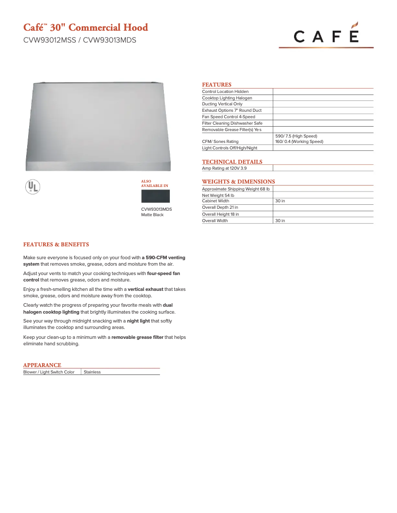Page n°1 - Fiche technique GE CVW93012MSS