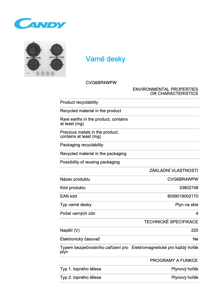 Page 1 of the manual Technical Sheet Candy CVG6BR4WPW