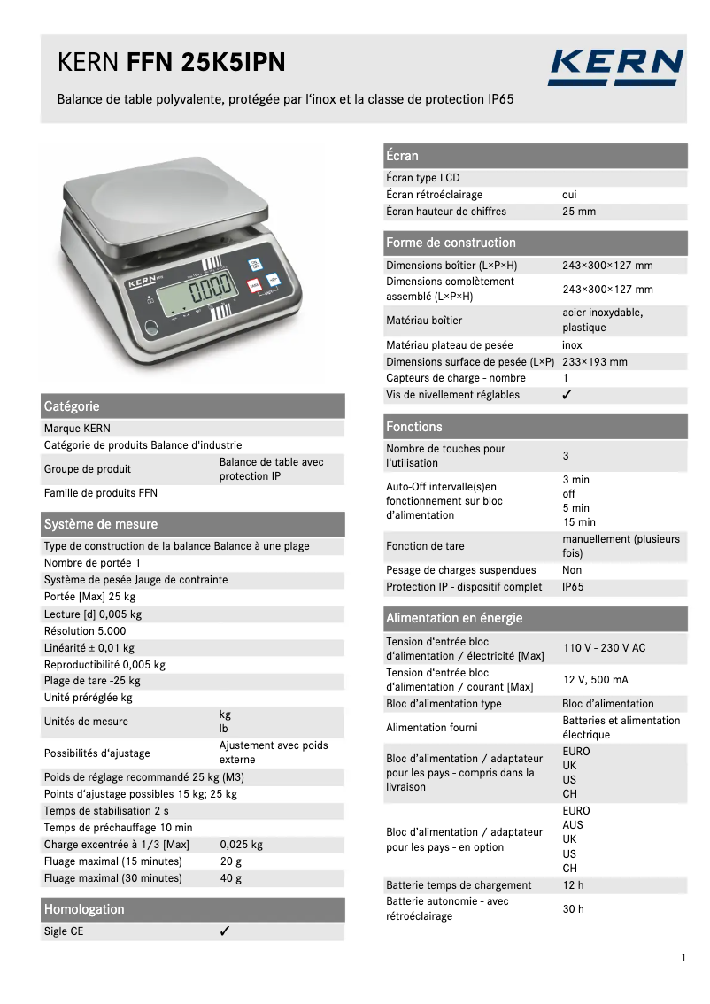 Page 1 de la notice Fiche technique Kern FFN 25K5IPN