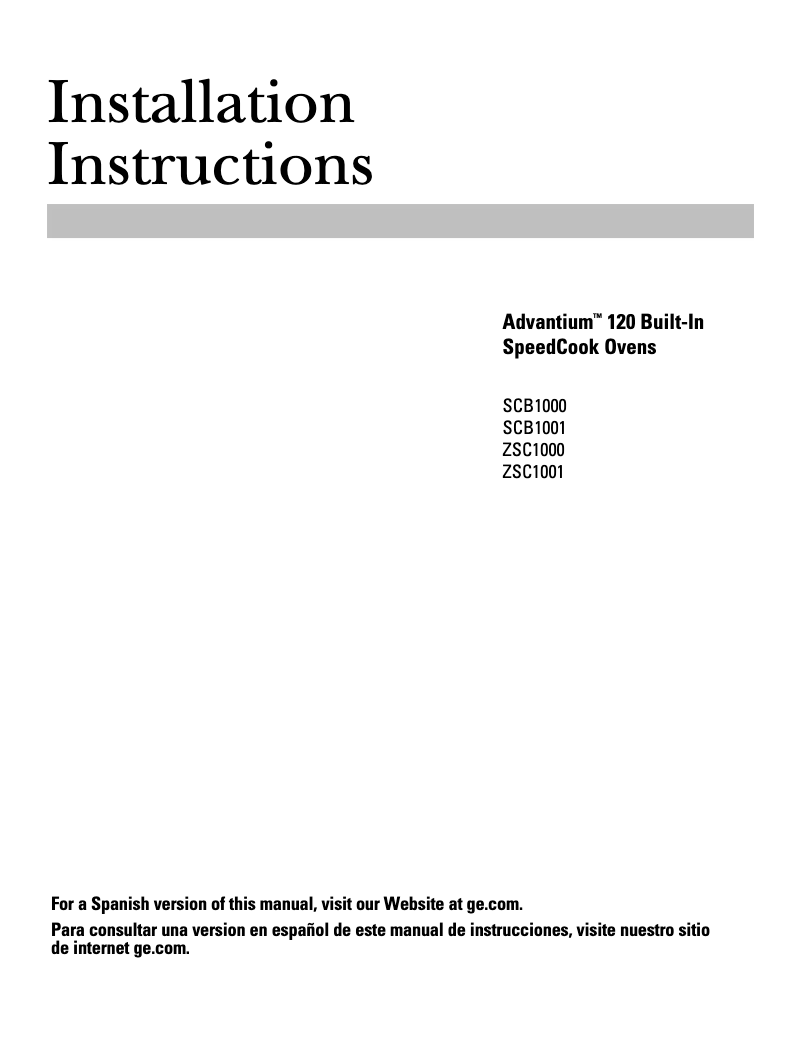 Página 1 del manual Guía de instalación GE SCB1000KCC