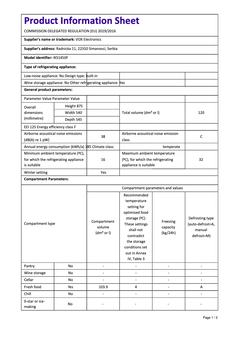 Página 1 del manual Ficha técnica VOX IKS1450F