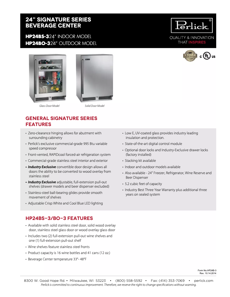 Page 1 de la notice Fiche technique Perlick HP24