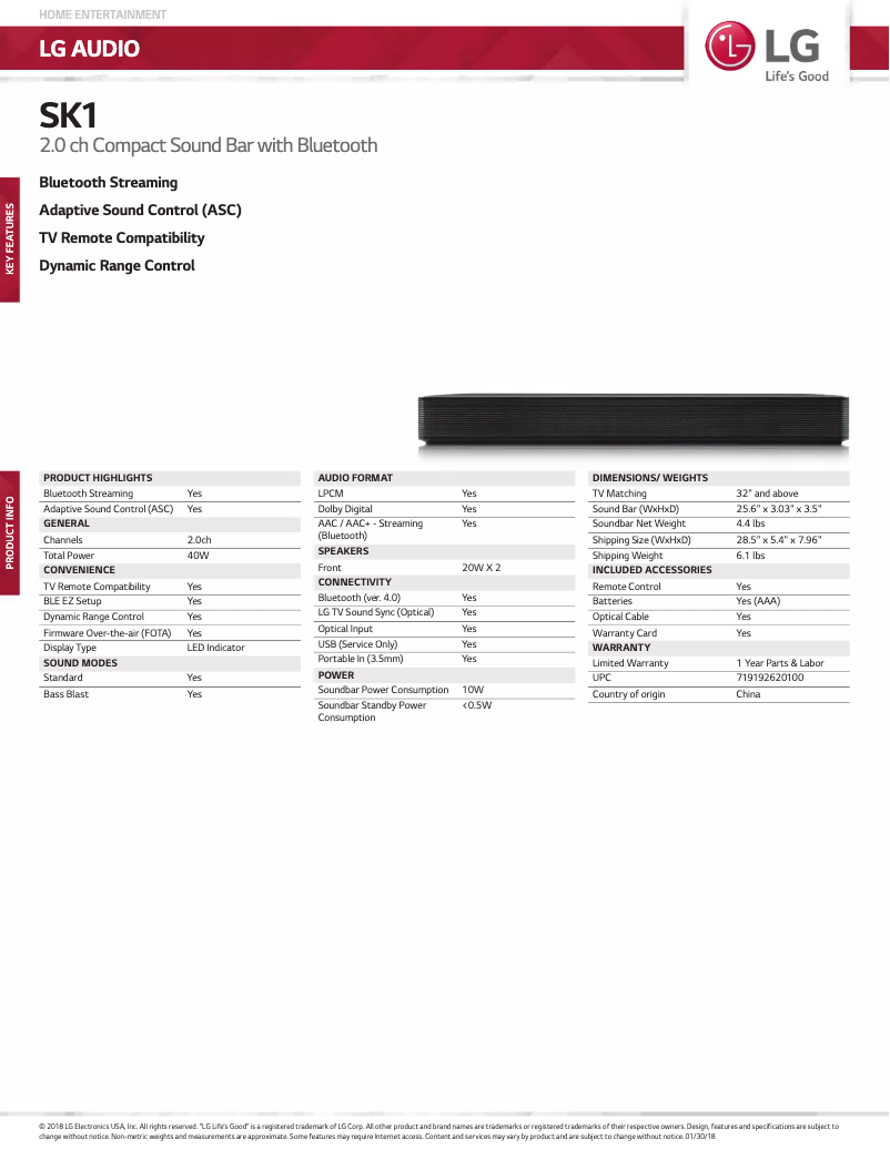 Page 1 de la notice Fiche technique LG SK1