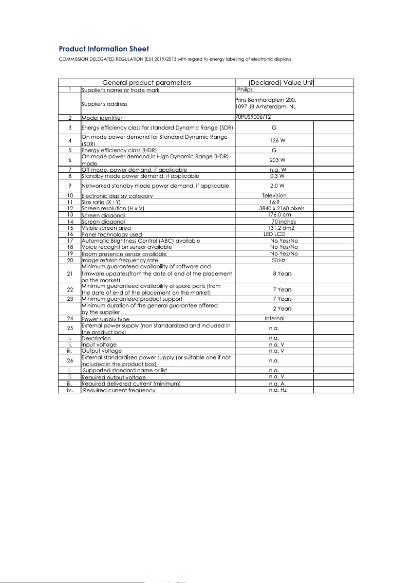 Page 1 of the manual Technical Sheet Philips 70PUS9006