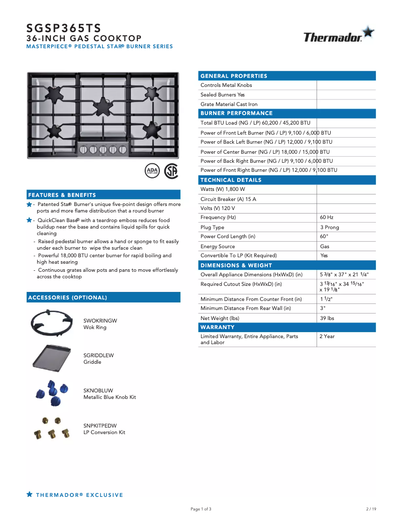Page 1 de la notice Fiche technique Thermador SGSP365TS