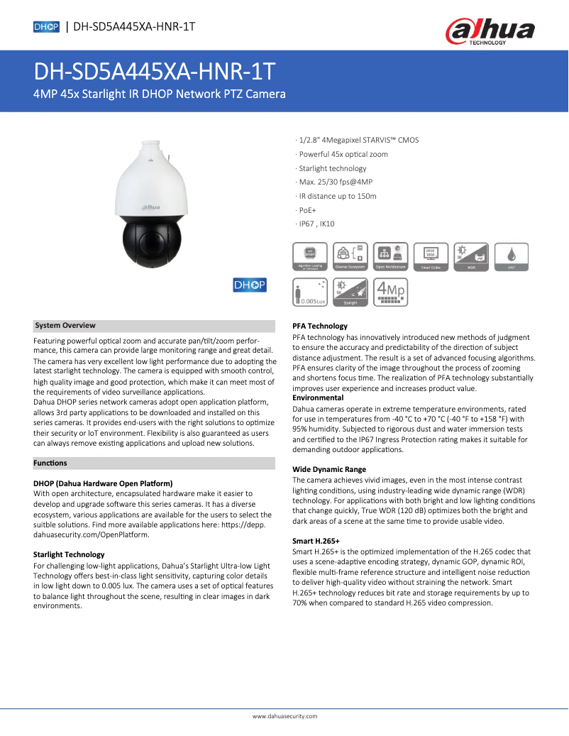 Page 1 de la notice Fiche technique Dahua Technology SD5A445XA-HNR-1T