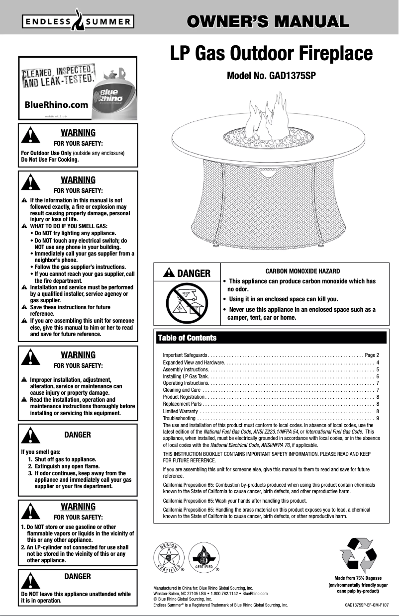 Page 1 de la notice Manuel utilisateur Blue Rhino GAD1375SP