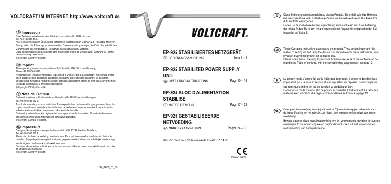 Page 1 de la notice Manuel utilisateur Voltcraft EP-925