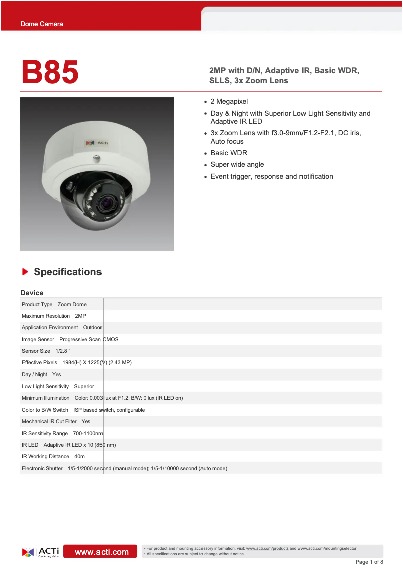 Page 1 de la notice Fiche technique ACTi B85