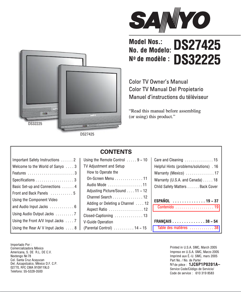 Page 1 of the manual User Manual Sanyo DS27425
