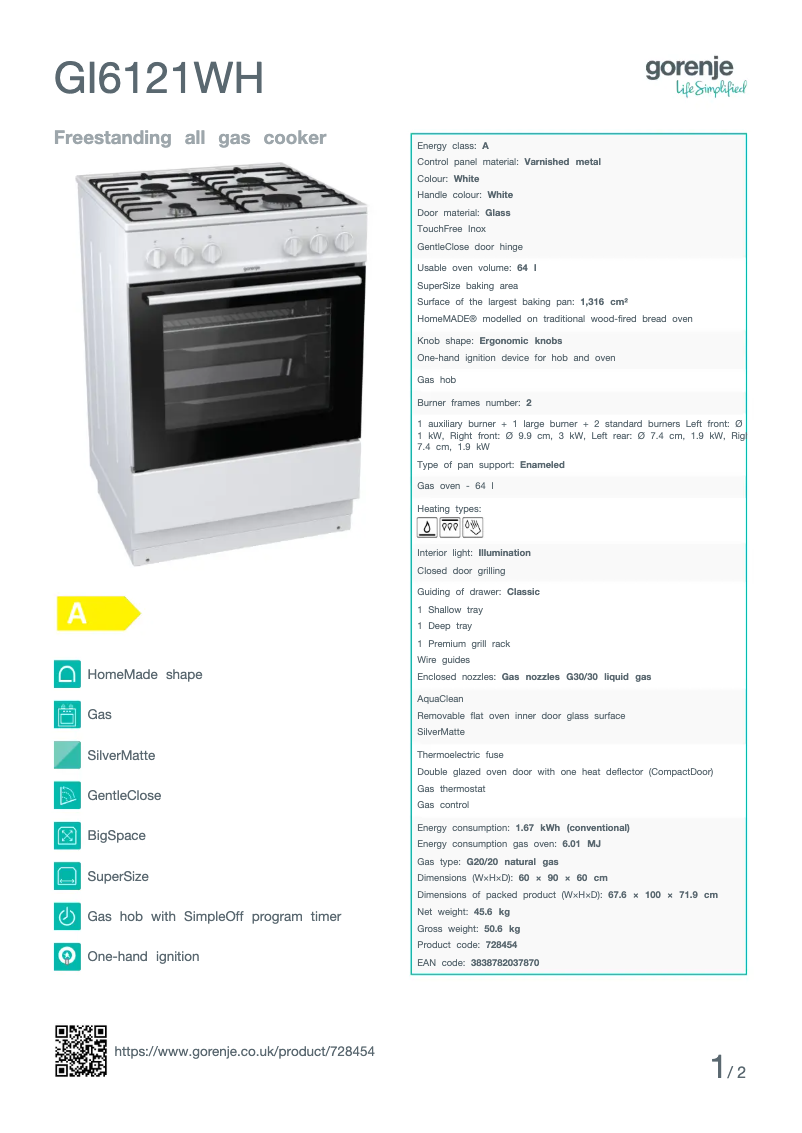 Página 1 del manual Ficha técnica Gorenje GI6121WH