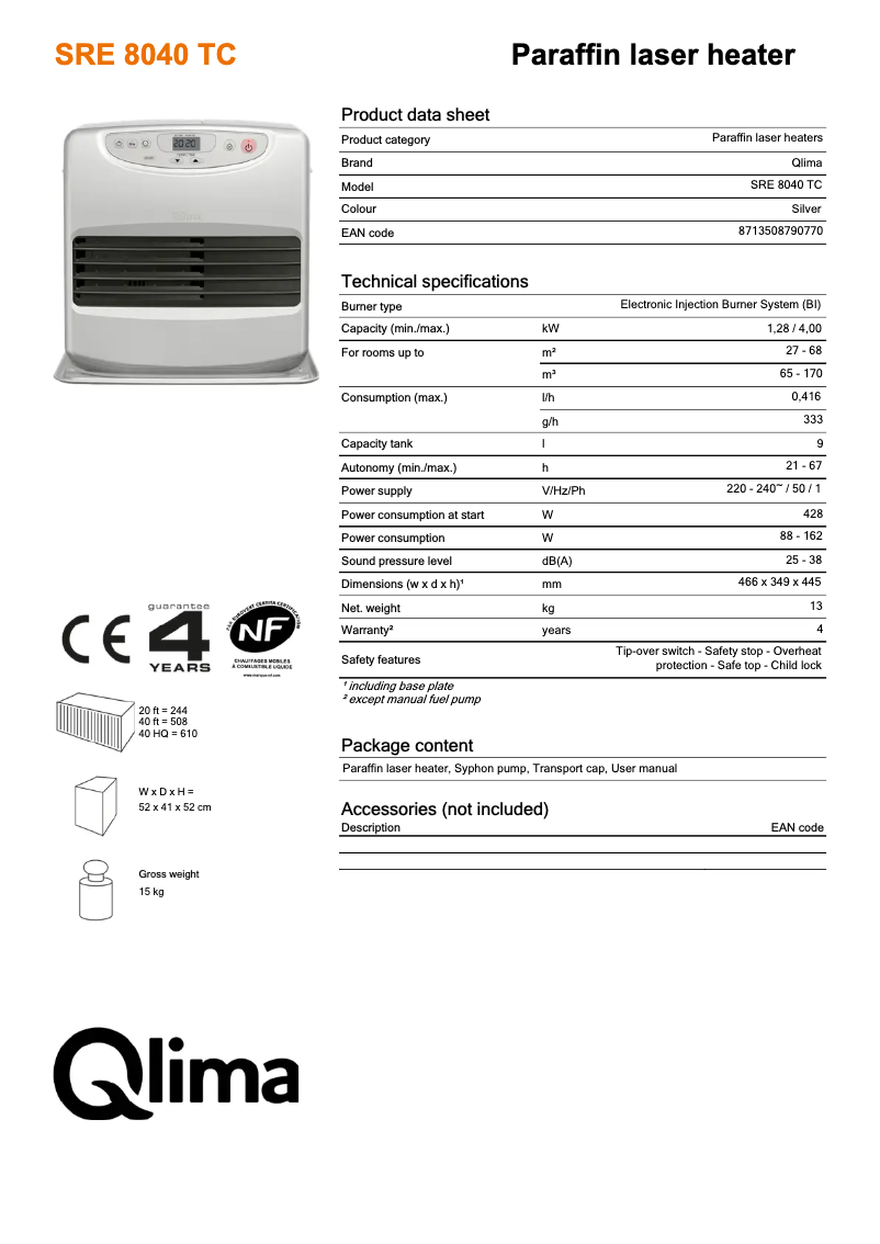 Page 1 de la notice Fiche technique Qlima SRE8040TC