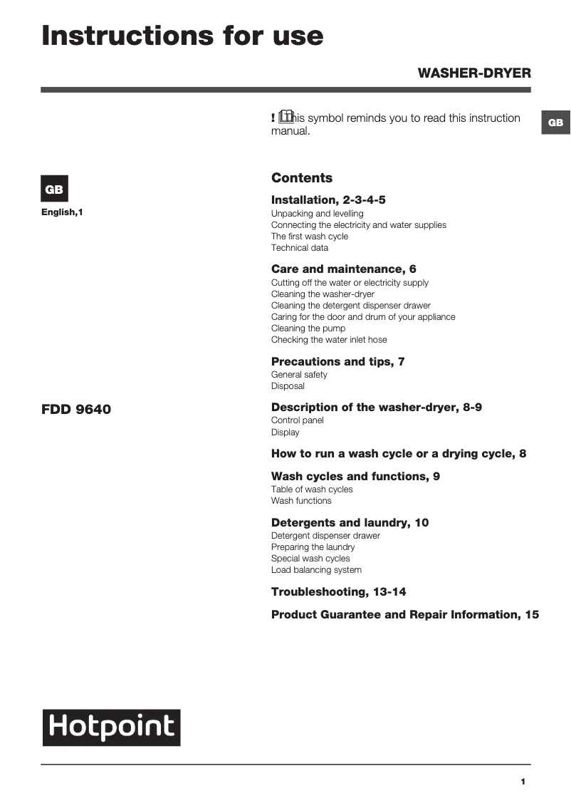 Página 1 del manual Manual de usuario Hotpoint FDD 9640P UK