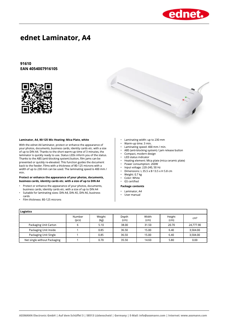 Page 1 de la notice Fiche technique Ednet 91610