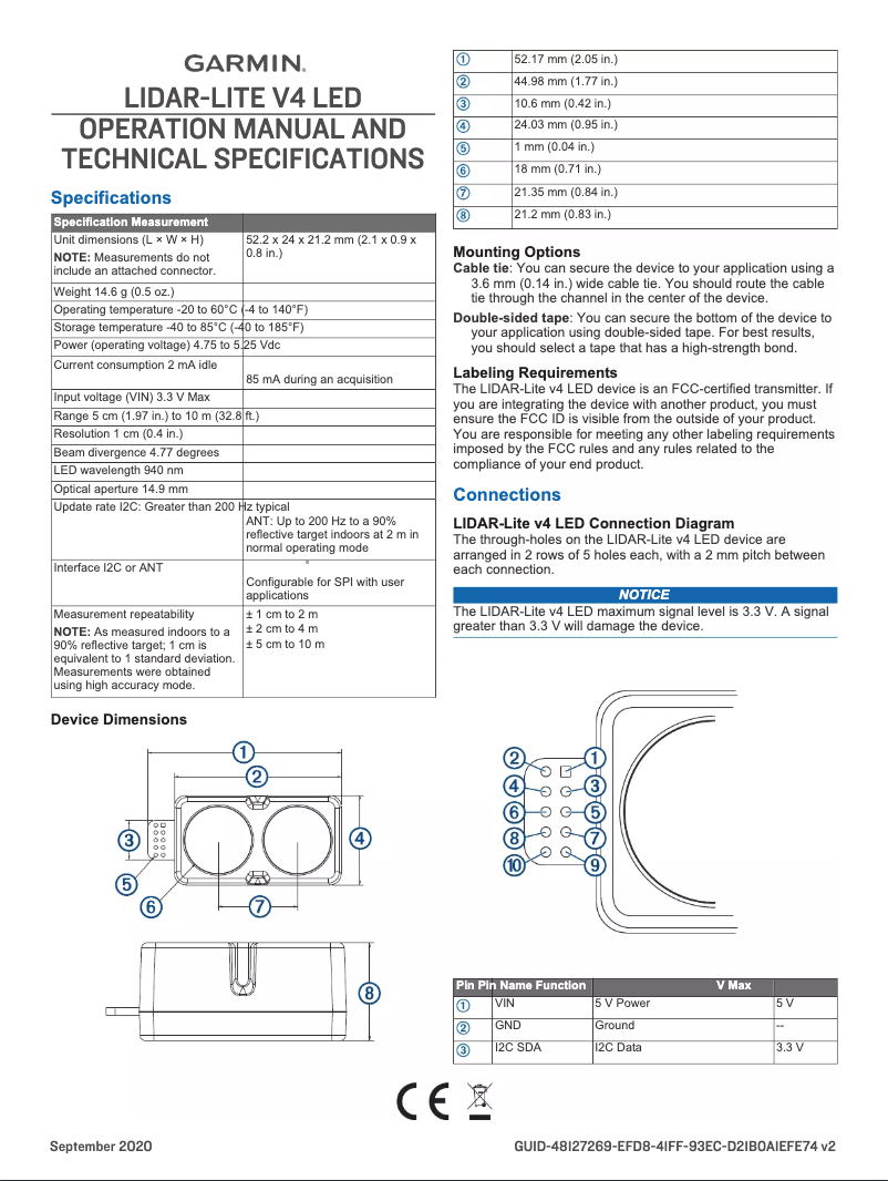 Page 1 de la notice Guide d'installation Garmin LIDAR-Lite v4 LED